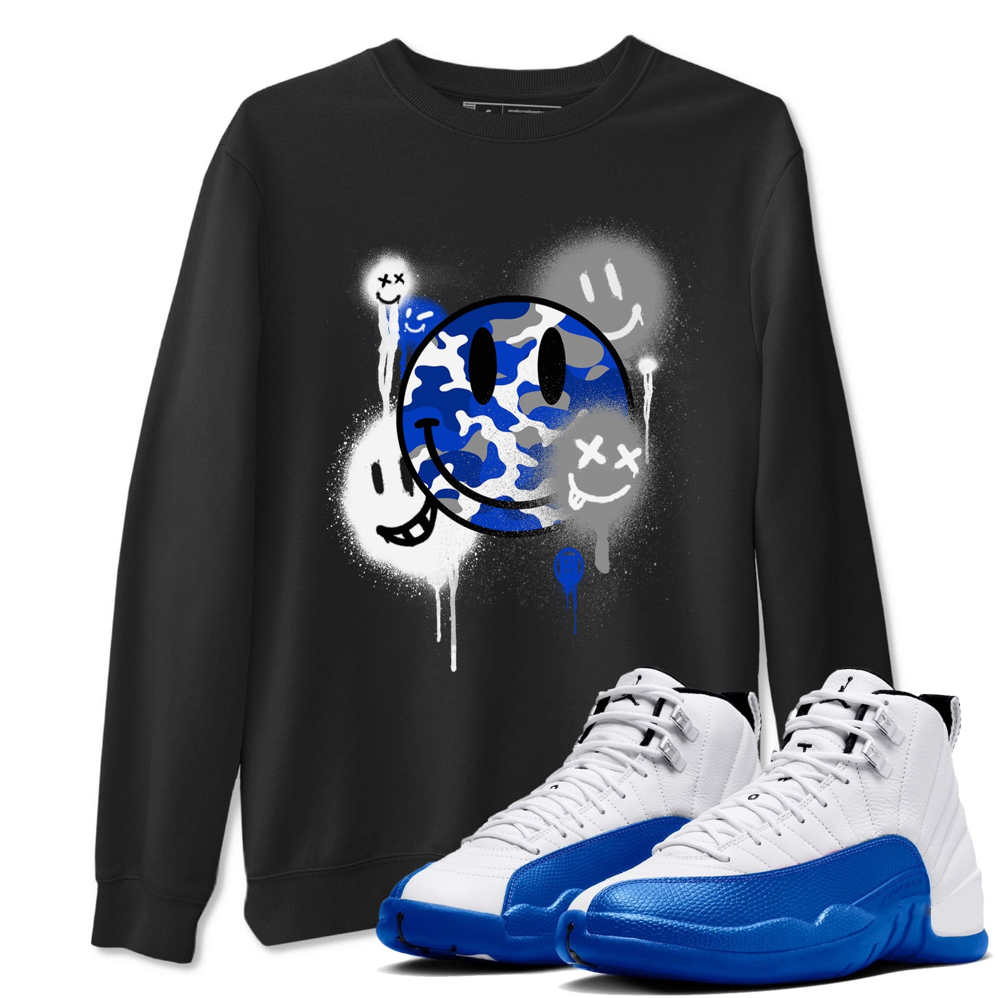 AJ12 Blueberry shirts to match jordans Smile Painting sneaker match tees Air Jordan 12 Blueberry SNRT Sneaker Tees streetwear brand Black 1 unisex cotton tee