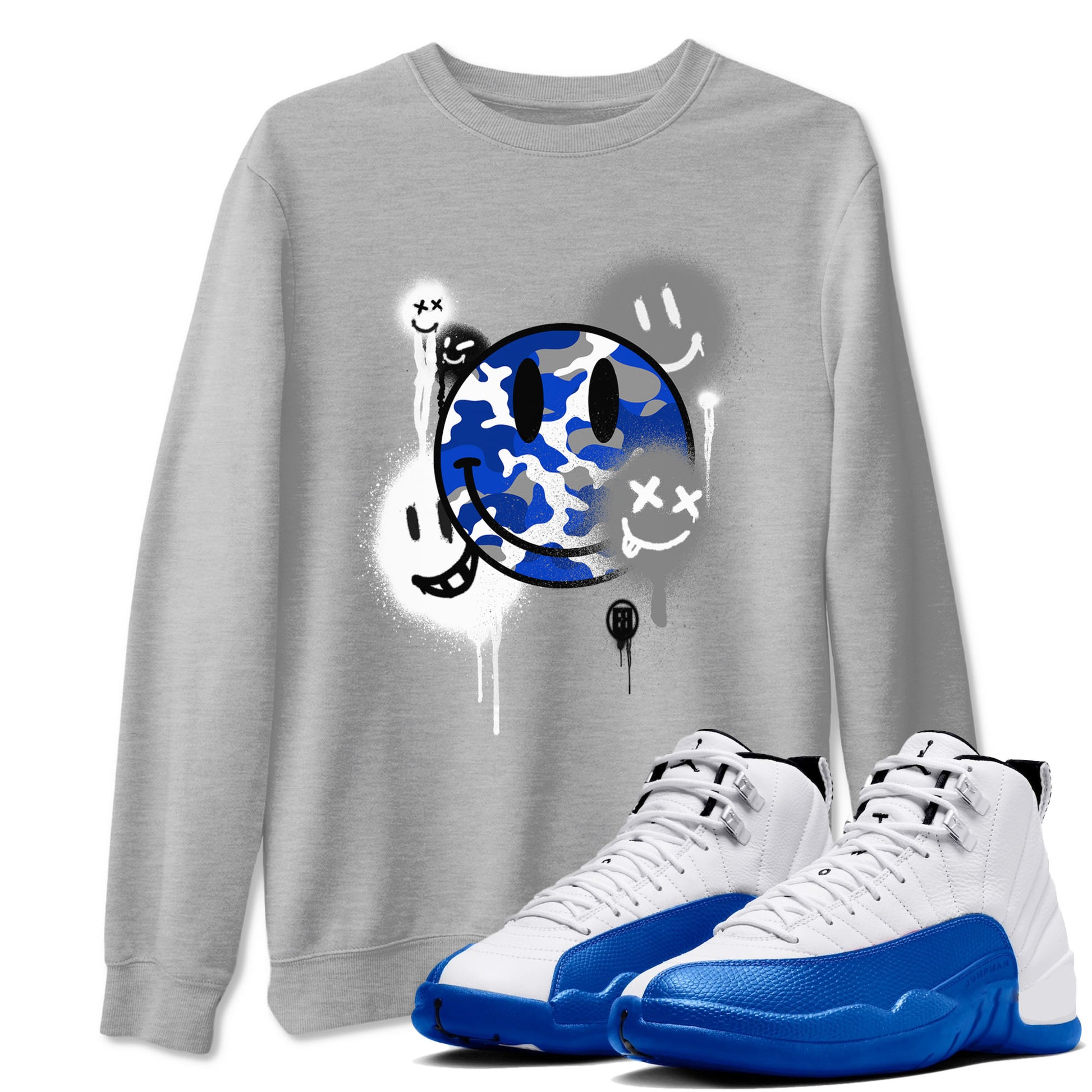 AJ12 Blueberry shirts to match jordans Smile Painting sneaker match tees Air Jordan 12 Blueberry SNRT Sneaker Tees streetwear brand Heather Grey 1 unisex cotton tee