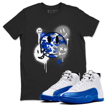 AJ12 Blueberry shirts to match jordans Smile Painting sneaker match tees Air Jordan 12 Blueberry SNRT Sneaker Tees streetwear brand Black 1 unisex cotton tee