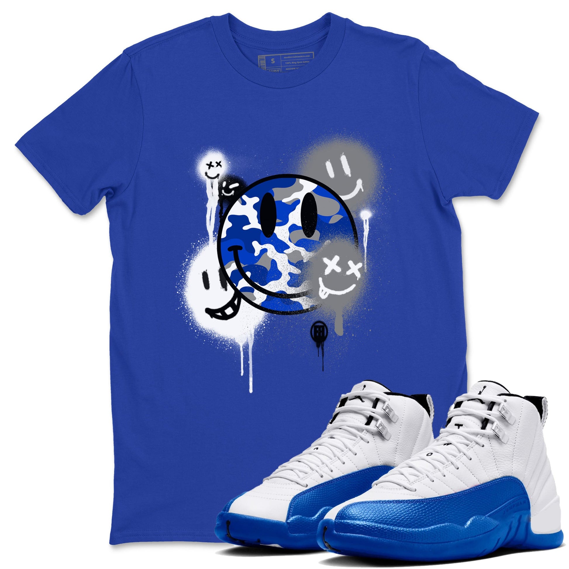 AJ12 Blueberry shirts to match jordans Smile Painting sneaker match tees Air Jordan 12 Blueberry SNRT Sneaker Tees streetwear brand Royal Blue 1 unisex cotton tee