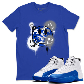 AJ12 Blueberry shirts to match jordans Smile Painting sneaker match tees Air Jordan 12 Blueberry SNRT Sneaker Tees streetwear brand Royal Blue 1 unisex cotton tee