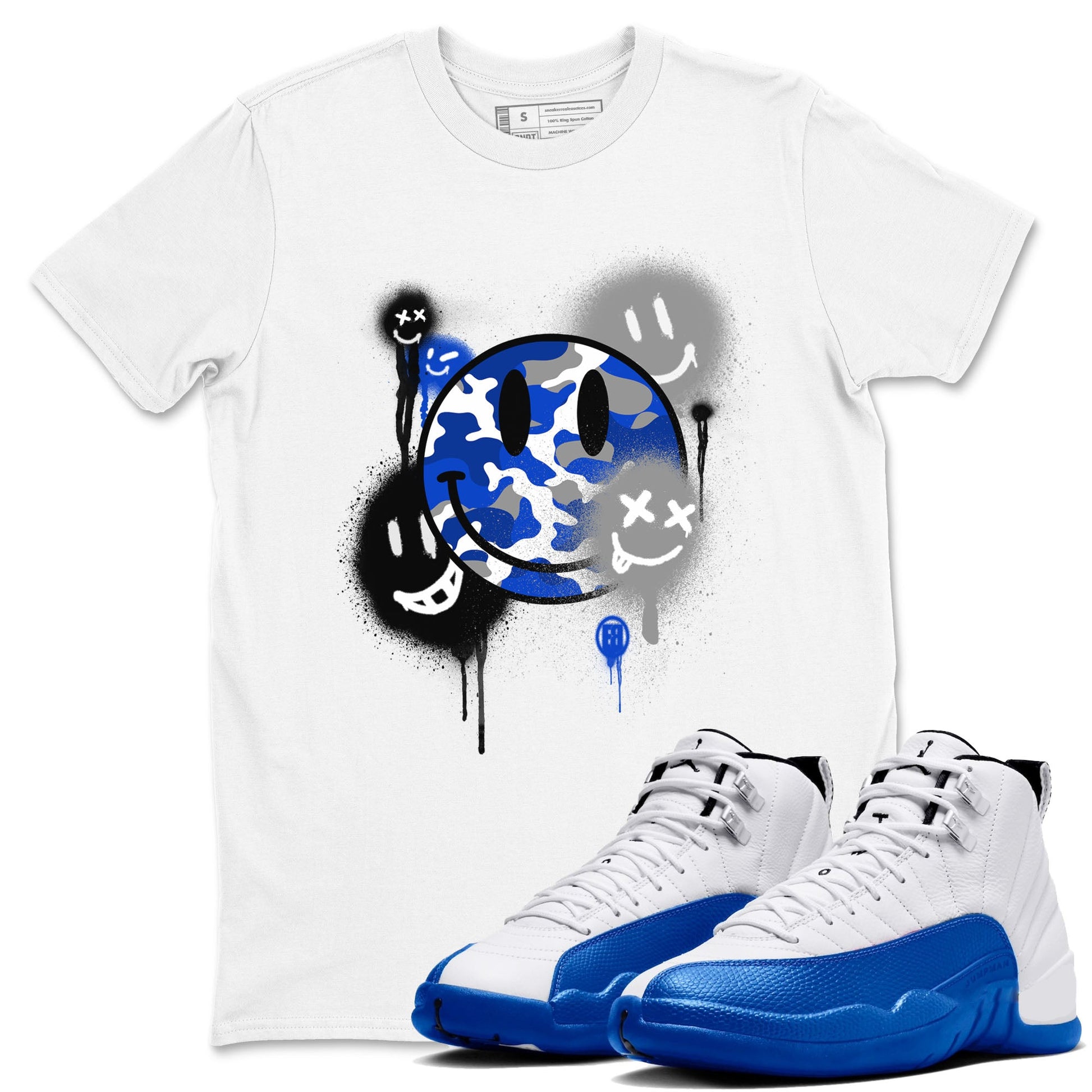 AJ12 Blueberry shirts to match jordans Smile Painting sneaker match tees Air Jordan 12 Blueberry SNRT Sneaker Tees streetwear brand White 1 unisex cotton tee