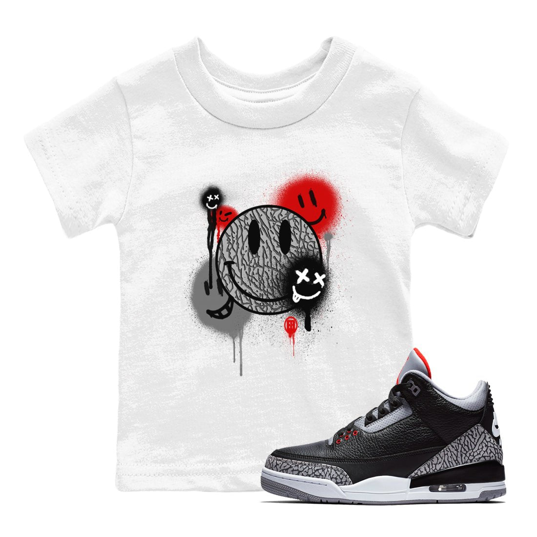 3s Black Cement shirts to match jordans Smile Painting sneaker match tees Air Jordan 3 Black Cement match shoes to clothes SNRT Sneaker Tees Youth Baby White 1 tee