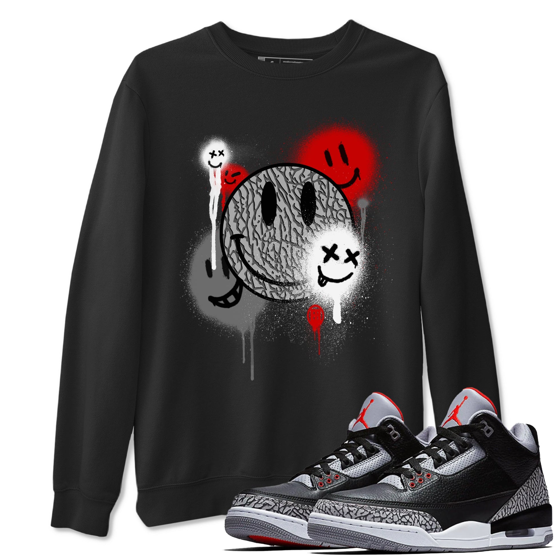 3s Black Cement shirts to match jordans Smile Painting sneaker match tees Air Jordan 3 Black Cement match shoes to clothes SNRT Sneaker Tees unisex cotton Black 1 shirts