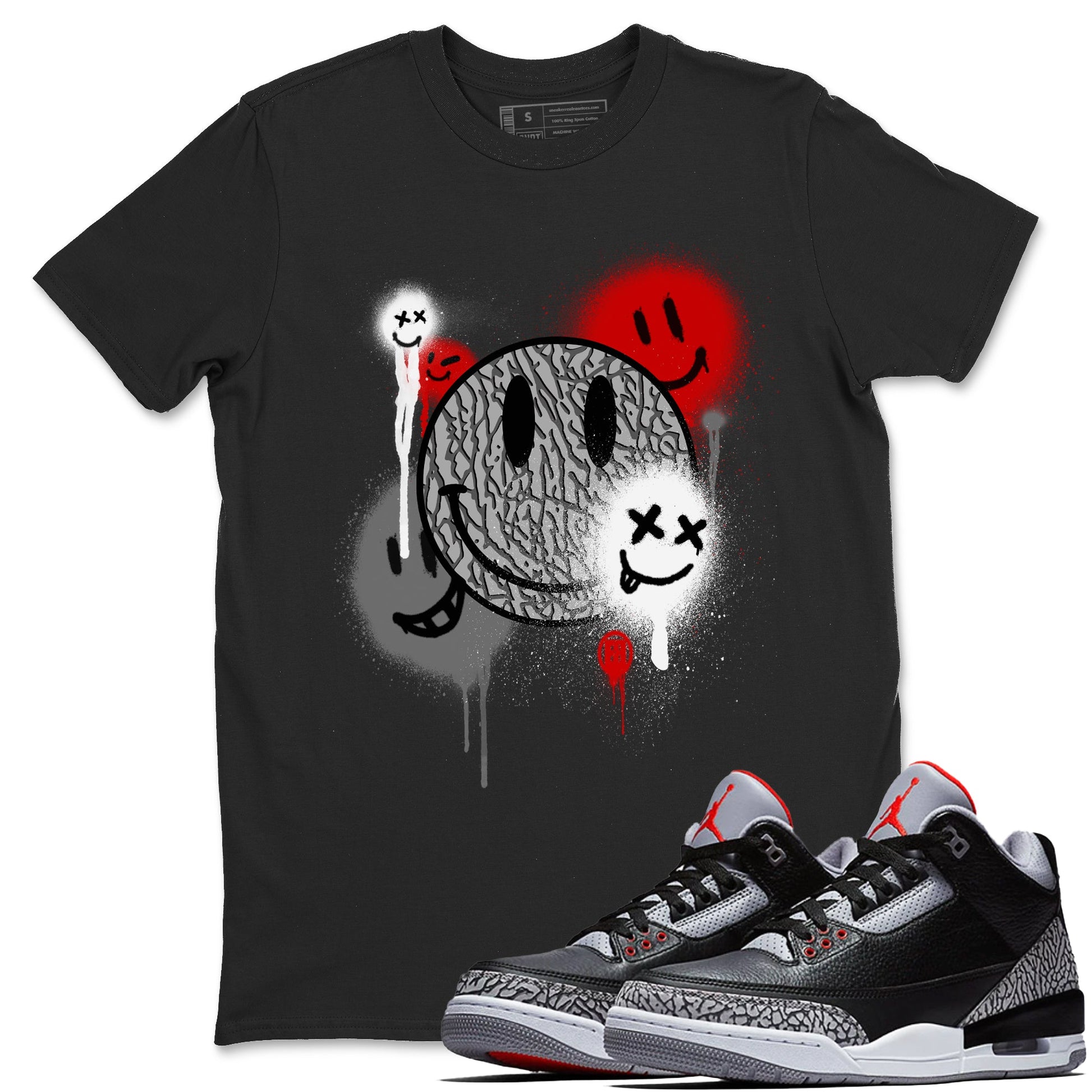 3s Black Cement shirts to match jordans Smile Painting sneaker match tees Air Jordan 3 Black Cement match shoes to clothes SNRT Sneaker Tees unisex cotton Black 1 shirts