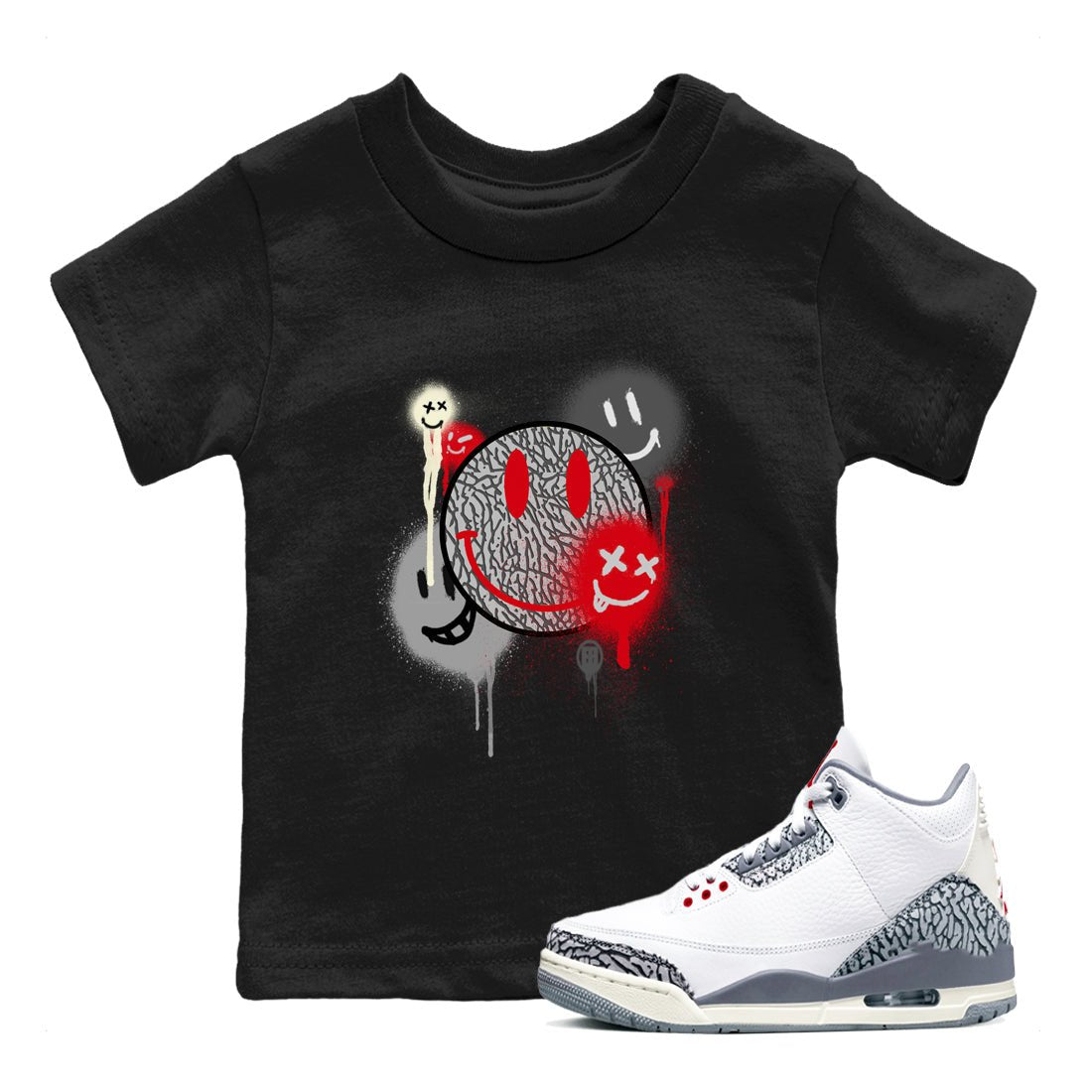 3s Cement Grey shirts to match jordans Smile Painting sneaker match tees Air Jordan 3 Cement Grey SNRT Sneaker Tees streetwear brand Baby and Youth Black 1 cotton tee