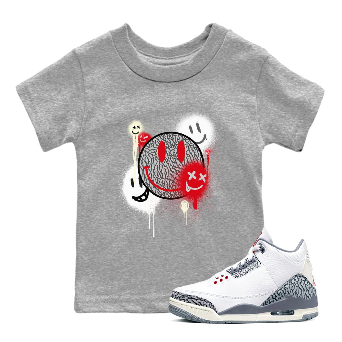 3s Cement Grey shirts to match jordans Smile Painting sneaker match tees Air Jordan 3 Cement Grey SNRT Sneaker Tees streetwear brand Baby and Youth Heather Grey 1 cotton tee