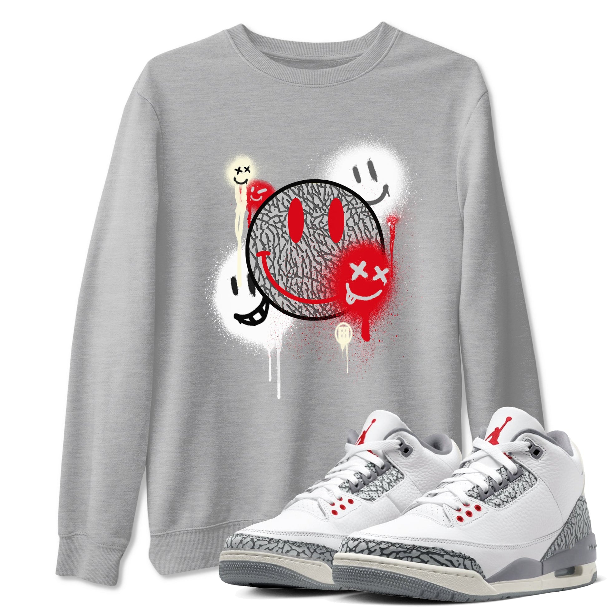 3s Cement Grey shirts to match jordans Smile Painting sneaker match tees Air Jordan 3 Cement Grey SNRT Sneaker Tees streetwear brand Heather Grey 1 unisex cotton tee