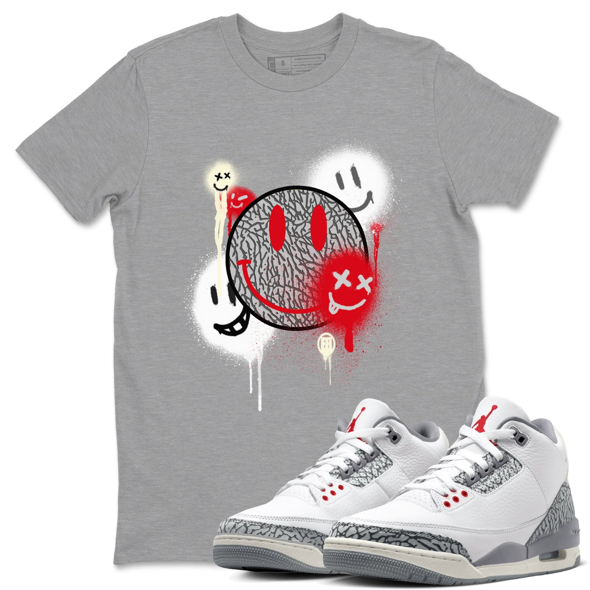 3s Cement Grey shirts to match jordans Smile Painting sneaker match tees Air Jordan 3 Cement Grey SNRT Sneaker Tees streetwear brand Heather Grey 1 unisex cotton tee