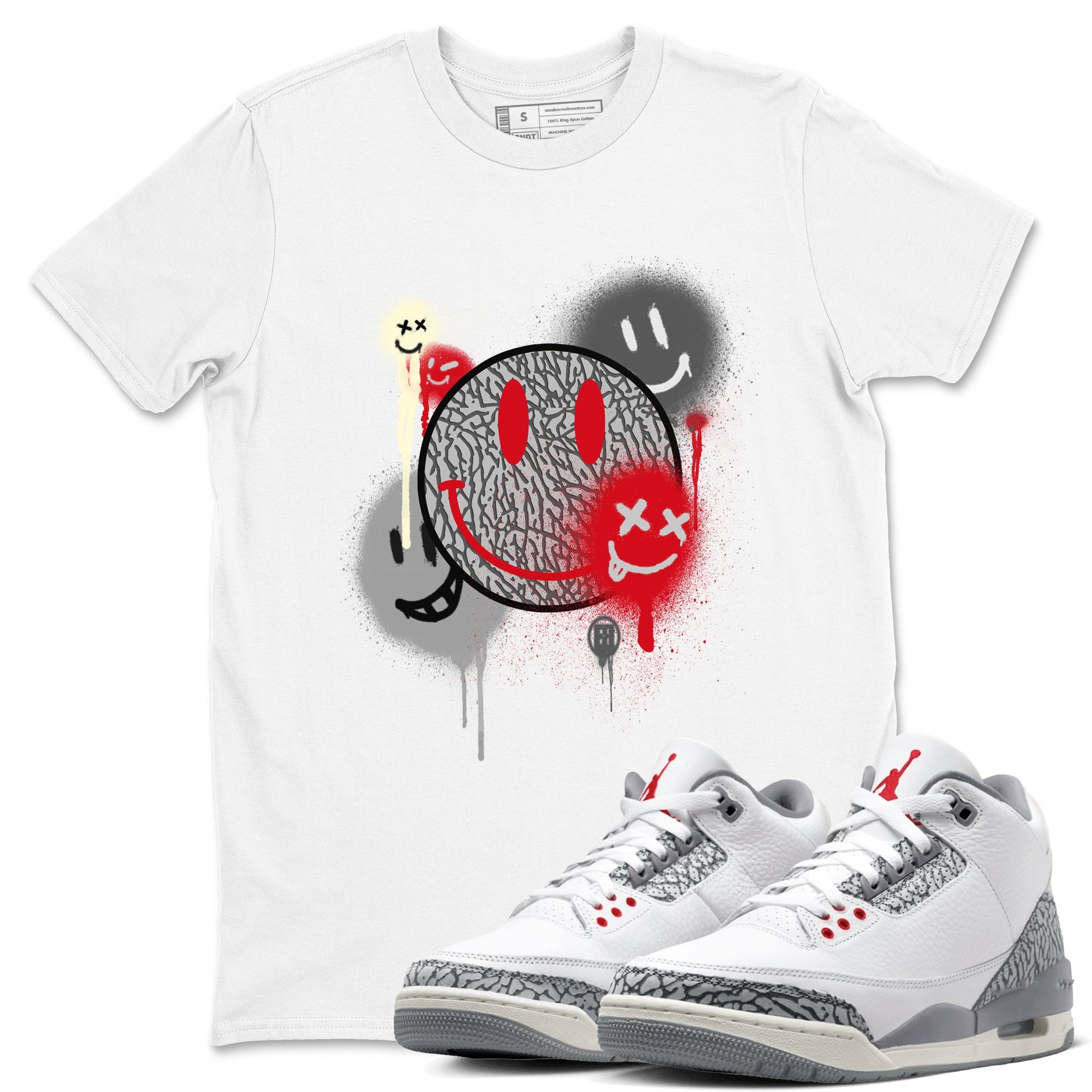 3s Cement Grey shirts to match jordans Smile Painting sneaker match tees Air Jordan 3 Cement Grey SNRT Sneaker Tees streetwear brand White 1 unisex cotton tee