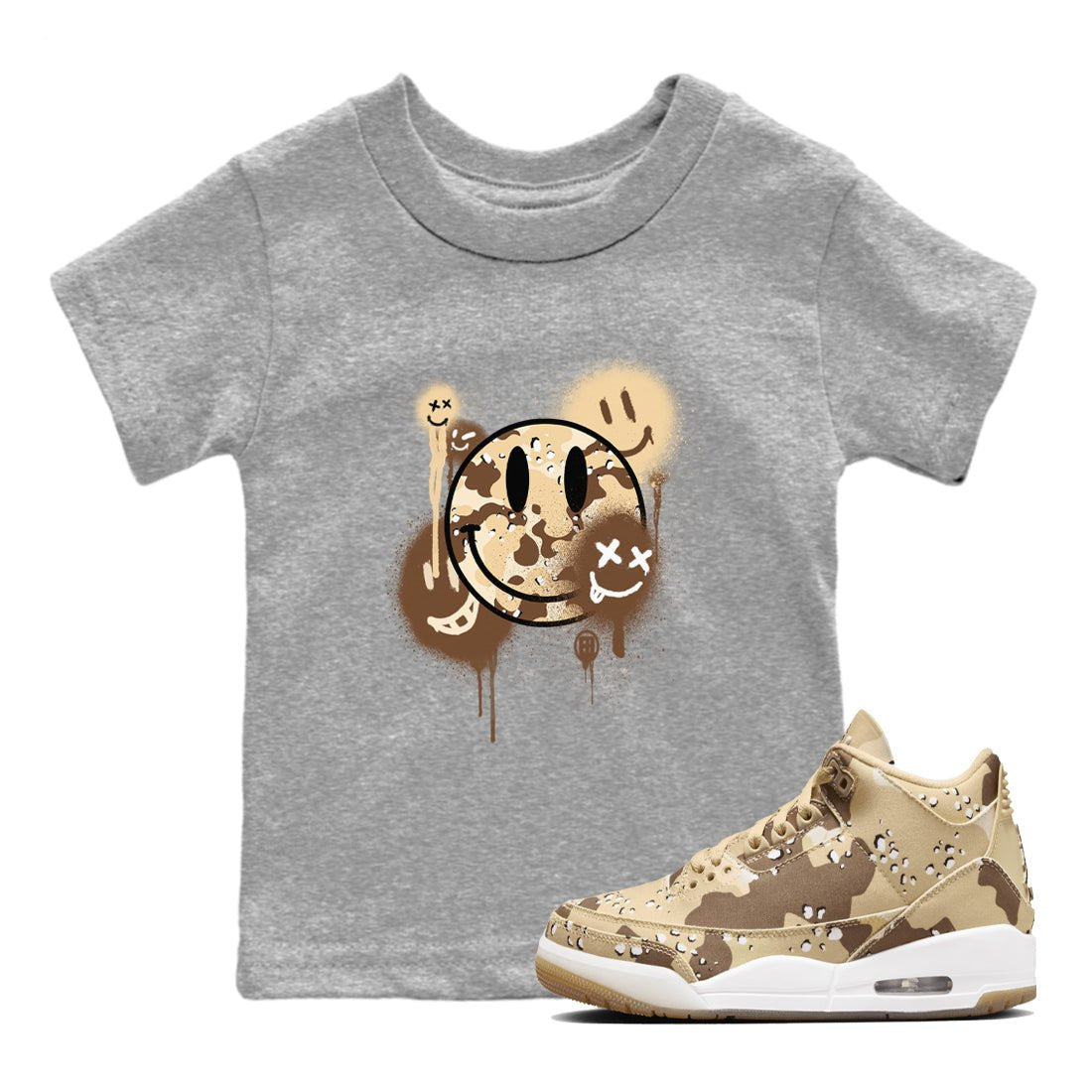 WNBA x Air Jordan 3 “Desert Camo” shirts to match jordans Smile Painting sneaker match tees Air Jordan 3 Desert Camo SNRT Sneaker Release Tees Clothing Sneakerhead ShirtsBaby and Youth Heather Grey 1 cotton tee