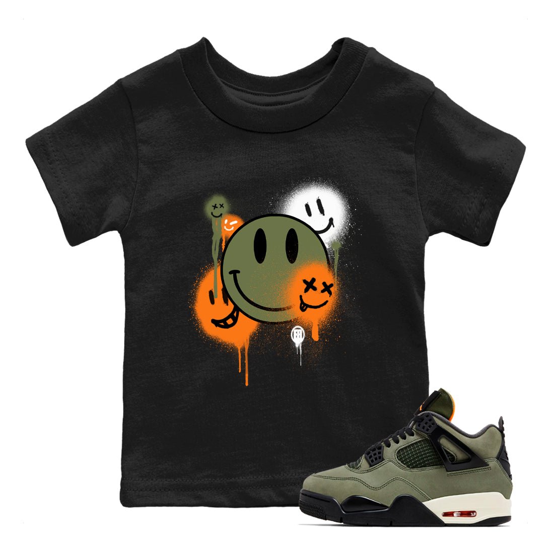 Sneaker match tees – Sneaker Tees To Match Undefeated inspired colorways Air Jordan 4 OG Olive Shoes  – Smile Painting Kids T-Shirt Black 1