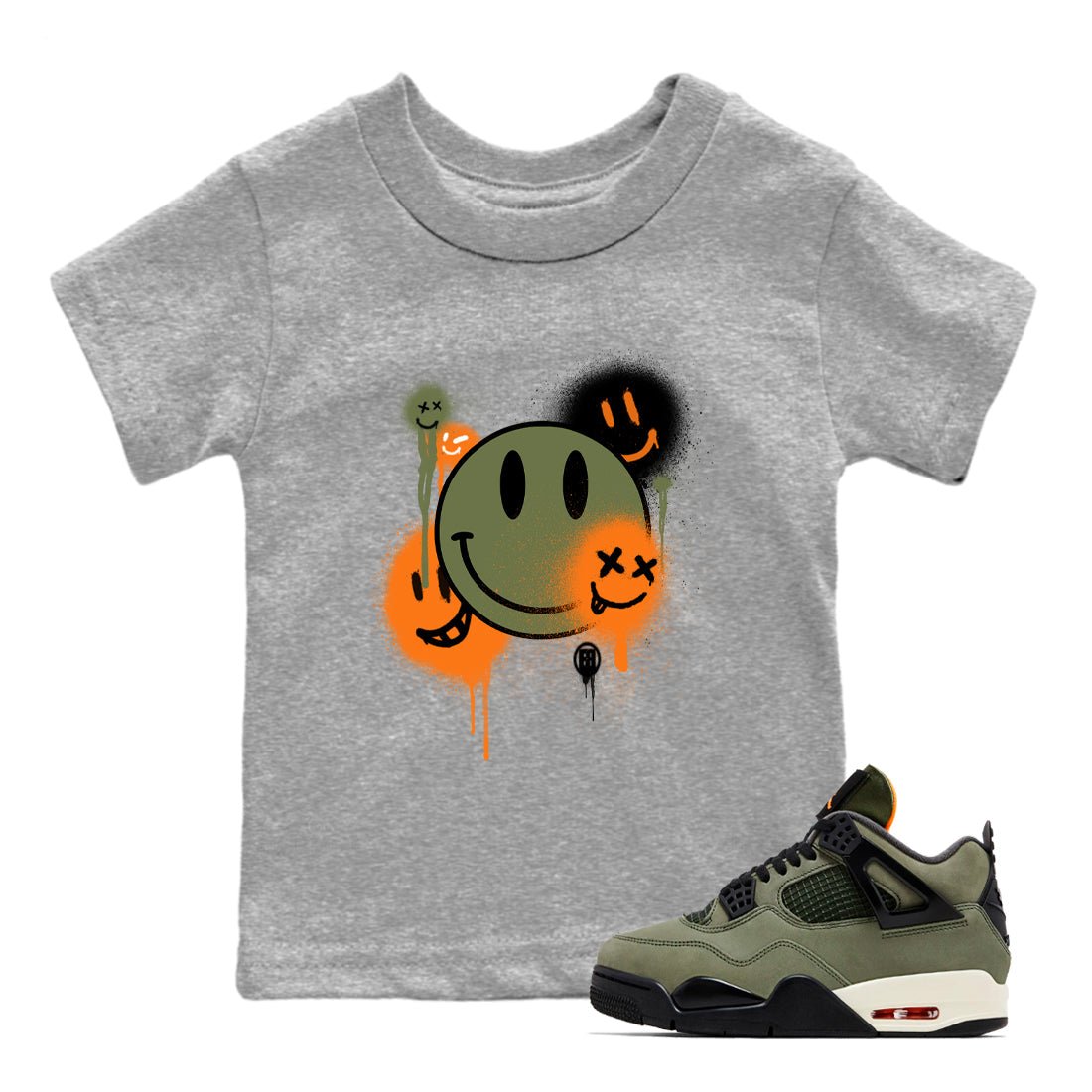 Sneaker match tees – Sneaker Tees To Match Undefeated inspired colorways Air Jordan 4 OG Olive Shoes  – Smile Painting Kids T-Shirt Heather Grey 1