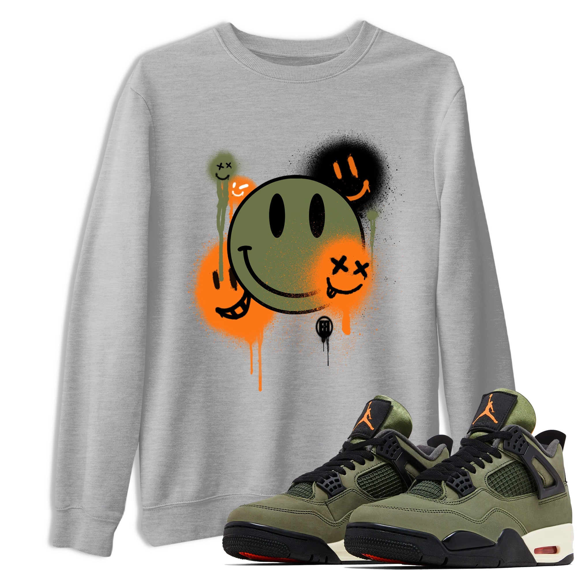 Sneaker match tees – Sneaker Tees To Match Undefeated inspired colorways Air Jordan 4 OG Olive Shoes  – Smile Painting Tee Heather Grey 1