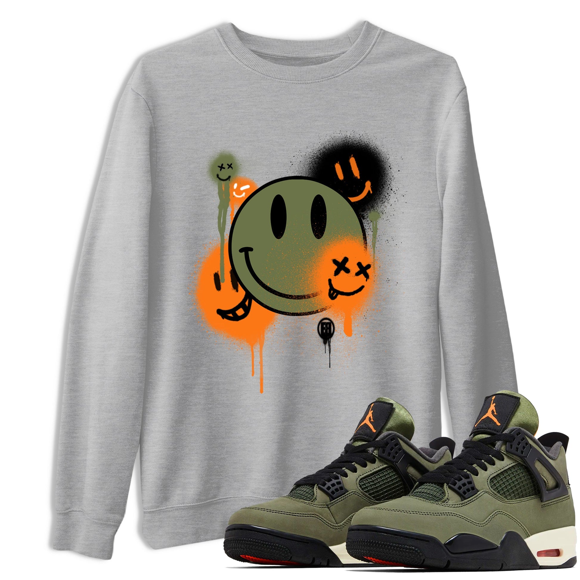 Sneaker match tees – Sneaker Tees To Match Undefeated inspired colorways Air Jordan 4 OG Olive Shoes  – Smile Painting Tee Heather Grey 1