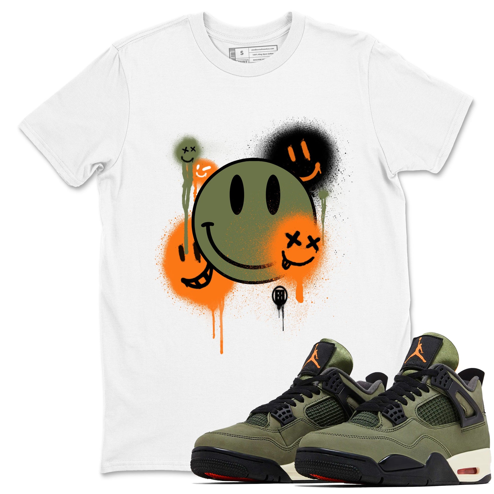 Sneaker match tees – Sneaker Tees To Match Undefeated inspired colorways Air Jordan 4 OG Olive Shoes  – Smile Painting Tee White 1