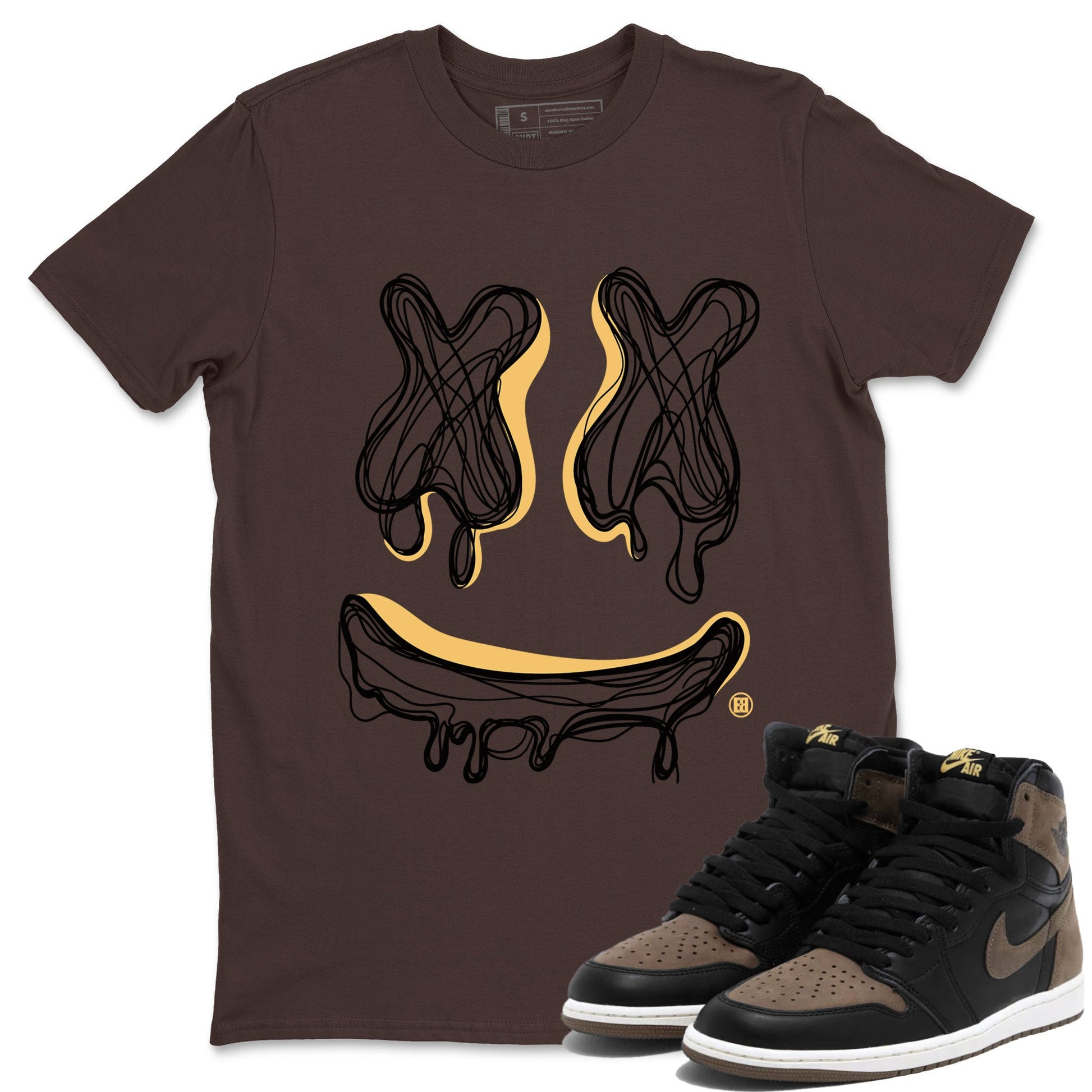 Air Jordan 1 Palomino shirt to match jordans Smile Doodle sneaker tees Crew Neck Jordan 1 Retro High OG Palomino SNRT Sneaker Release Tees Unisex Casual Shirts Dark Chocolate 1 T-Shirt