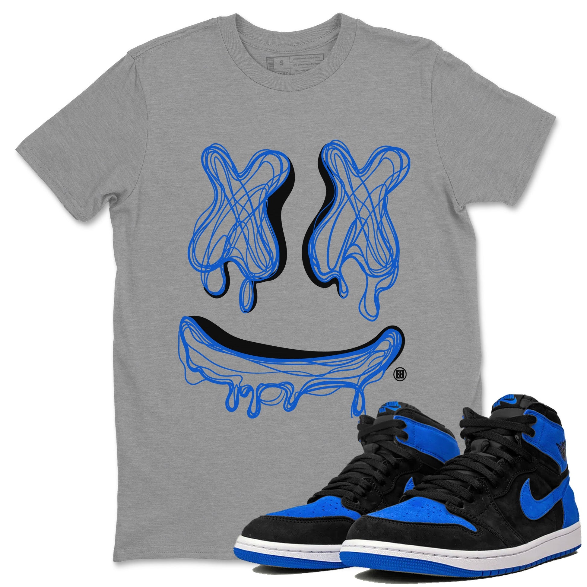 1s Royal Reimagined shirt to match jordans Smile Doodle sneaker matching t-shirt Air Jordan 1 Royal Reimagined SNRT Sneaker Release Tees Unisex Heather Grey 1 T-Shirt