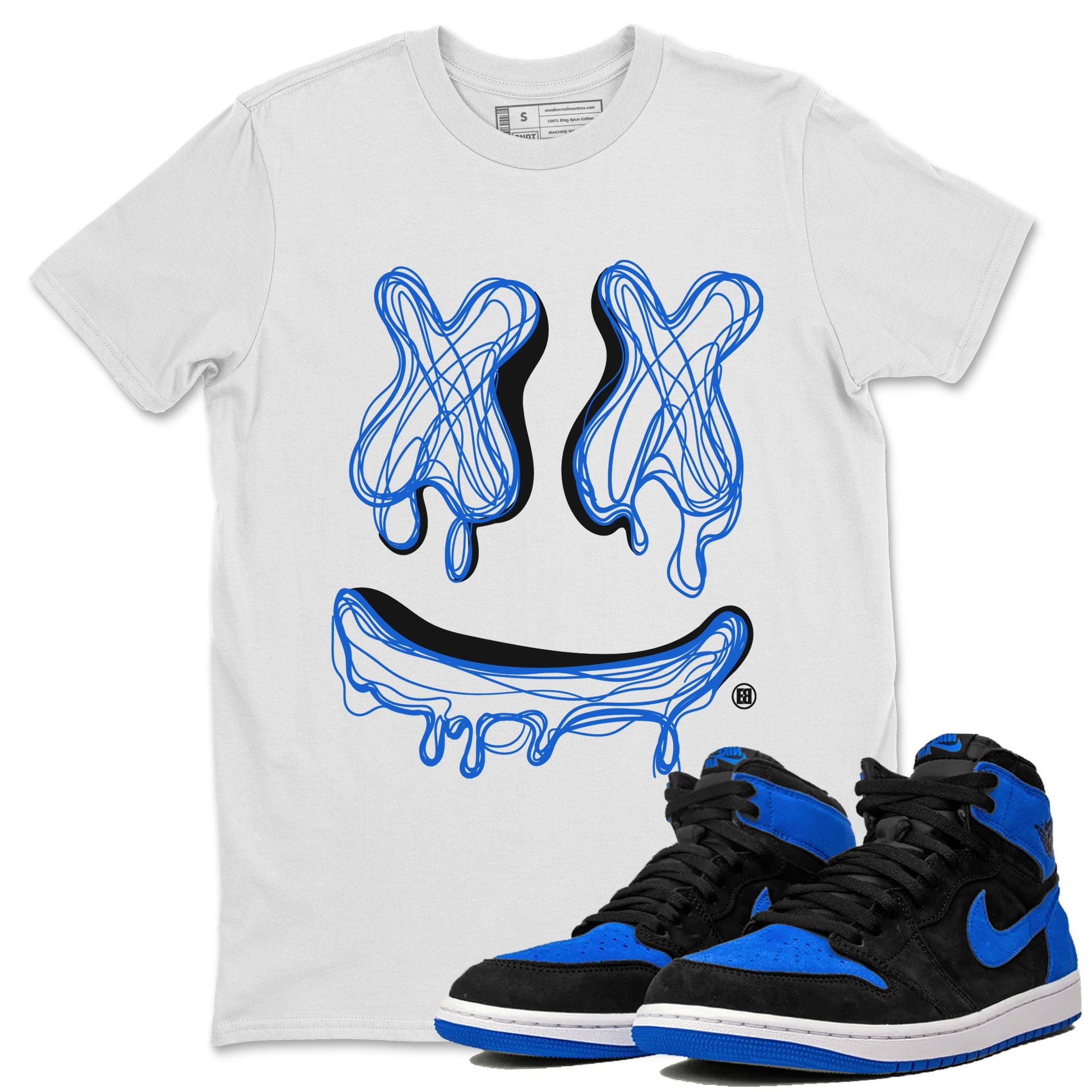 1s Royal Reimagined shirt to match jordans Smile Doodle sneaker matching t-shirt Air Jordan 1 Royal Reimagined SNRT Sneaker Release Tees Unisex White 1 T-Shirt