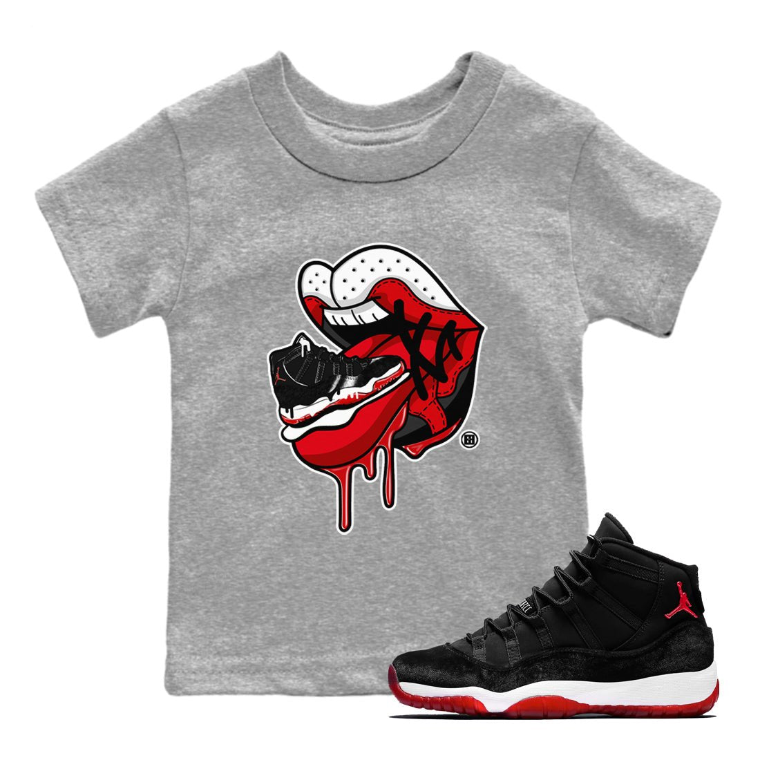 11s Bred Velvet shirts to match jordans Sneaker Addiction 2 sneaker match tees Air Jordan 11 Retro Bred Velvet match shoes to clothes SNRT Sneaker Tees Youth Baby Heather Grey 1 tee