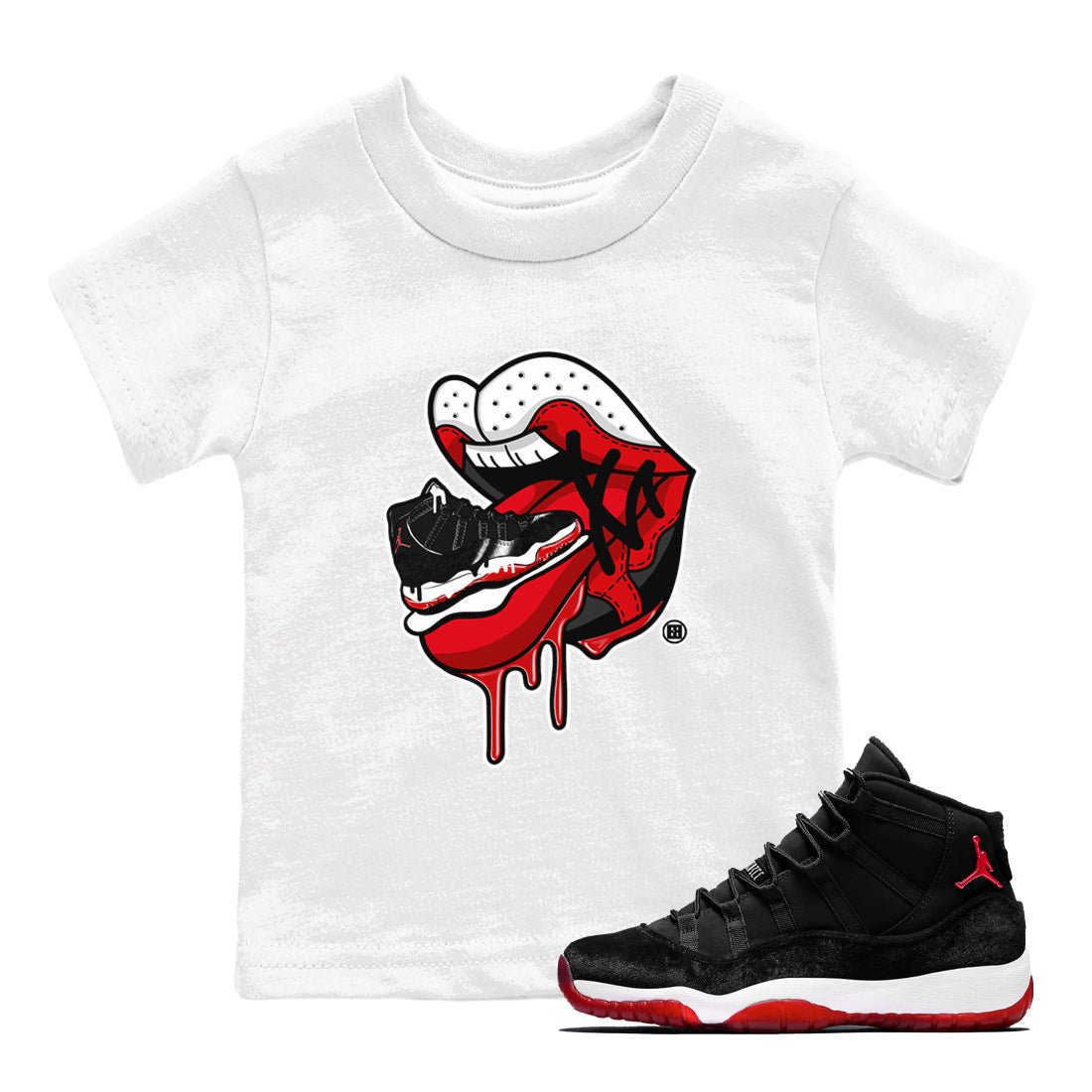 11s Bred Velvet shirts to match jordans Sneaker Addiction 2 sneaker match tees Air Jordan 11 Retro Bred Velvet match shoes to clothes SNRT Sneaker Tees Youth Baby White 1 tee