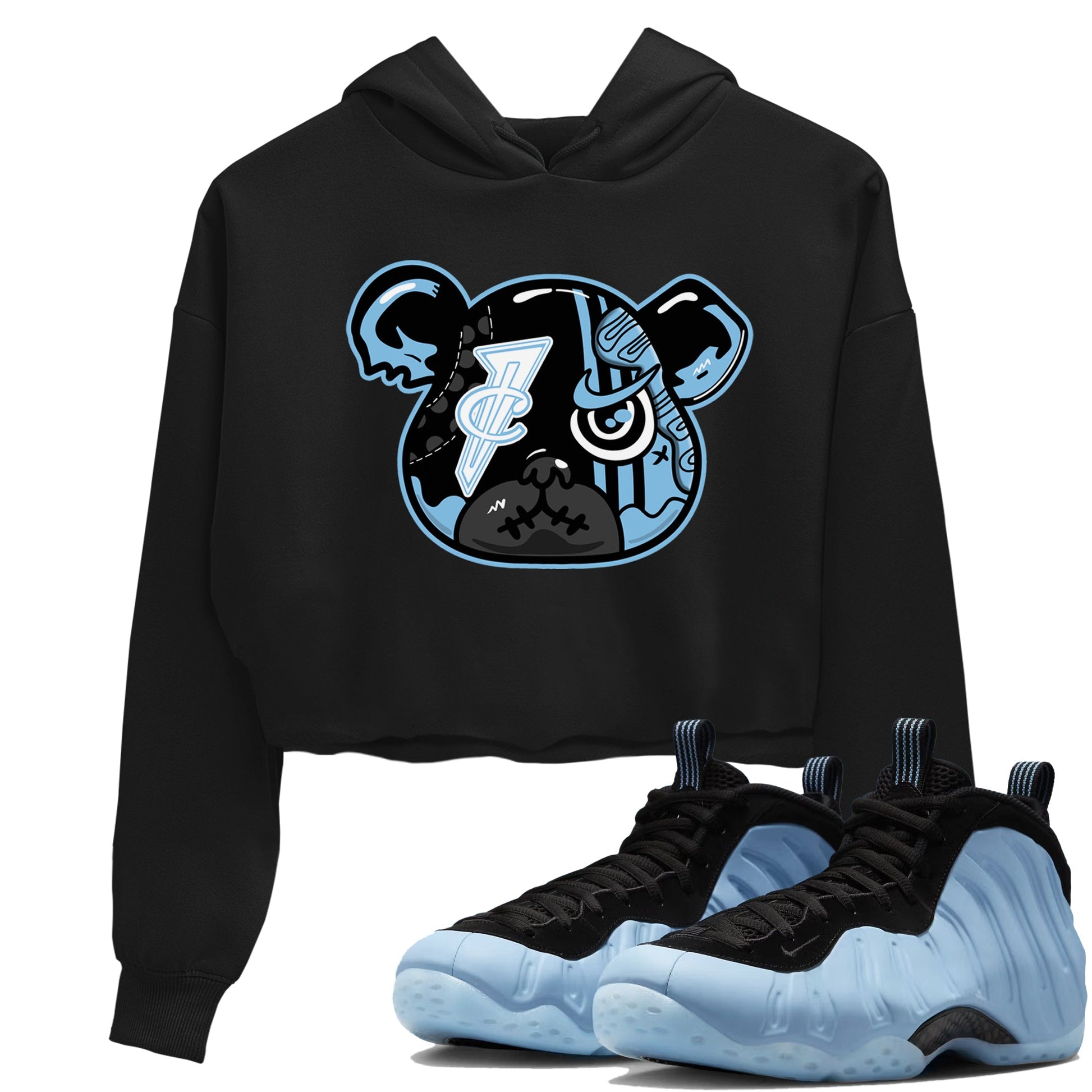Sneaker Bear Face womens crop tee made to vibe with the Air Foamposite One Psychic Blue sneakers — the perfect match in Black 1.