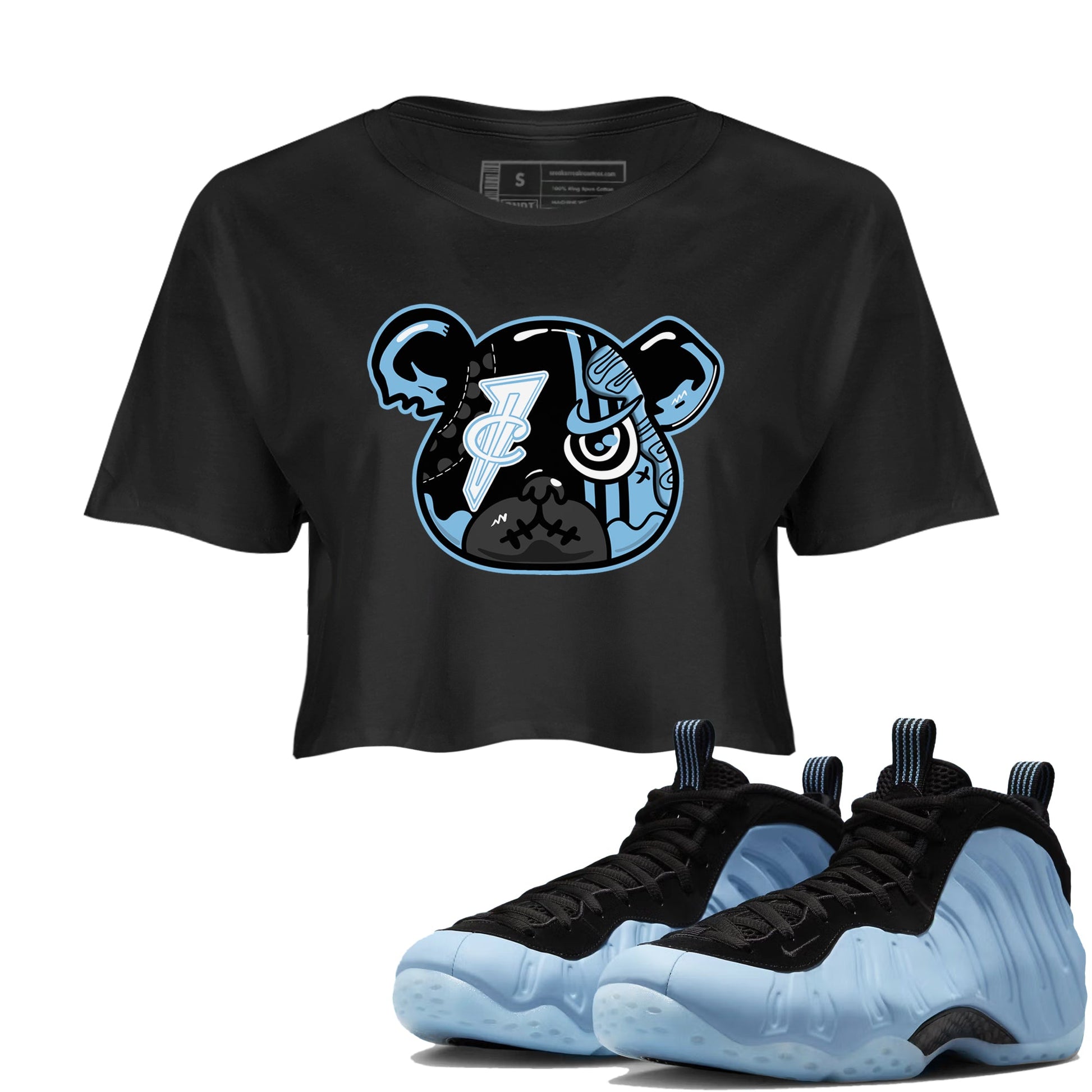 Sneaker Bear Face womens crop tee made to vibe with the Air Foamposite One Psychic Blue sneakers — the perfect match in Black 1.