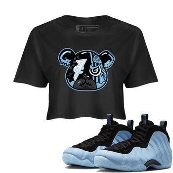 Sneaker Bear Face womens crop tee made to vibe with the Air Foamposite One Psychic Blue sneakers — the perfect match in Black 1.