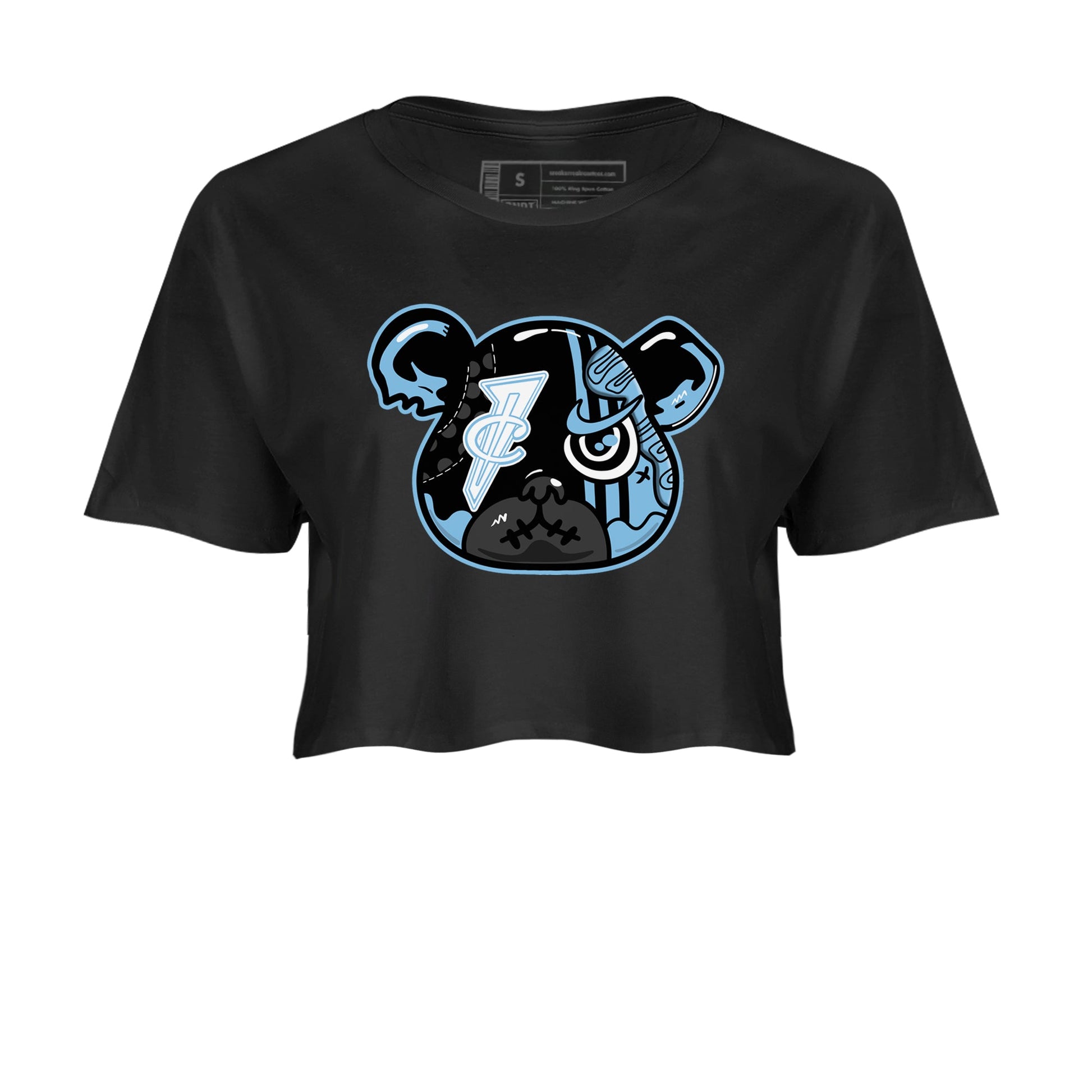 Sneaker Bear Face womens crop tee made to vibe with the Air Foamposite One Psychic Blue sneakers — the perfect match in Black 2.
