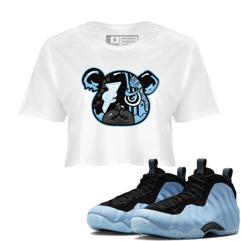 Sneaker Bear Face womens crop tee made to vibe with the Air Foamposite One Psychic Blue sneakers — the perfect match in White 1.