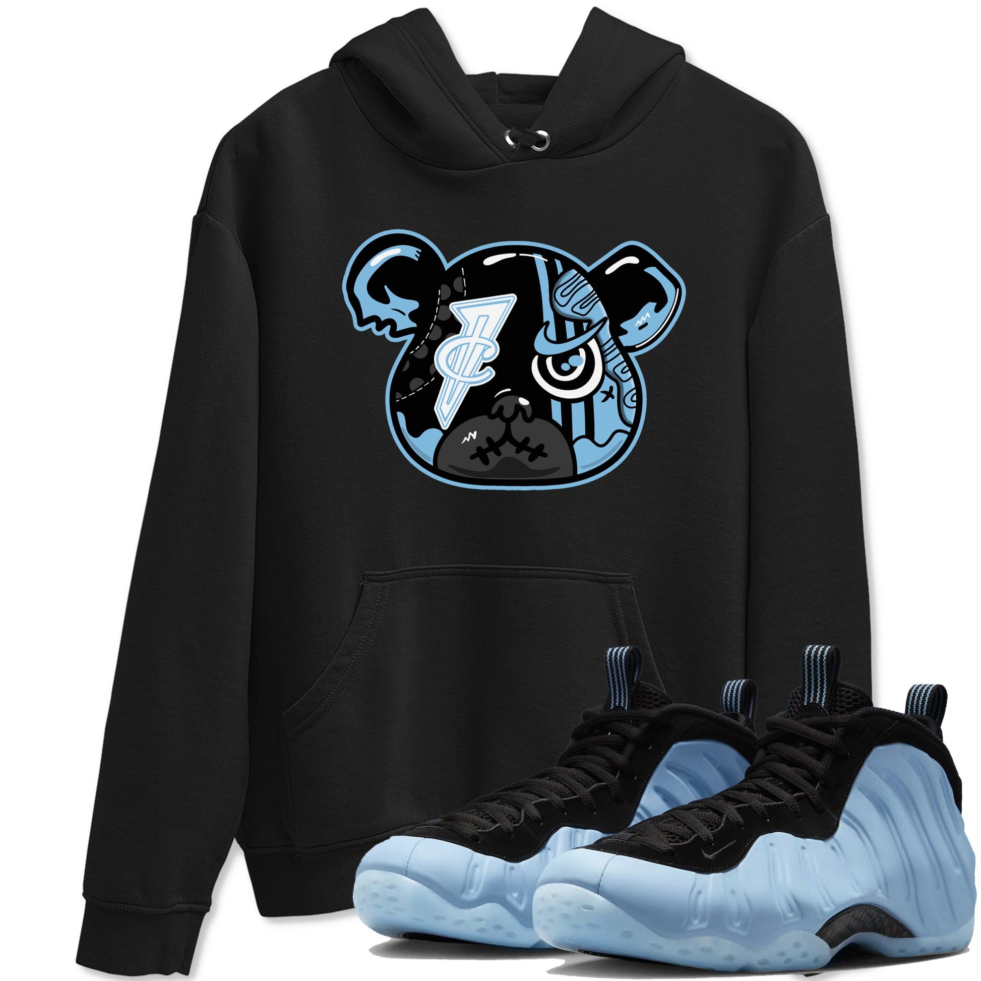 Sneaker Bear Face sneaker match t-shirt styled to complete your fit with the Air Foamposite One Psychic Blue sneakers, shown in Black 1.