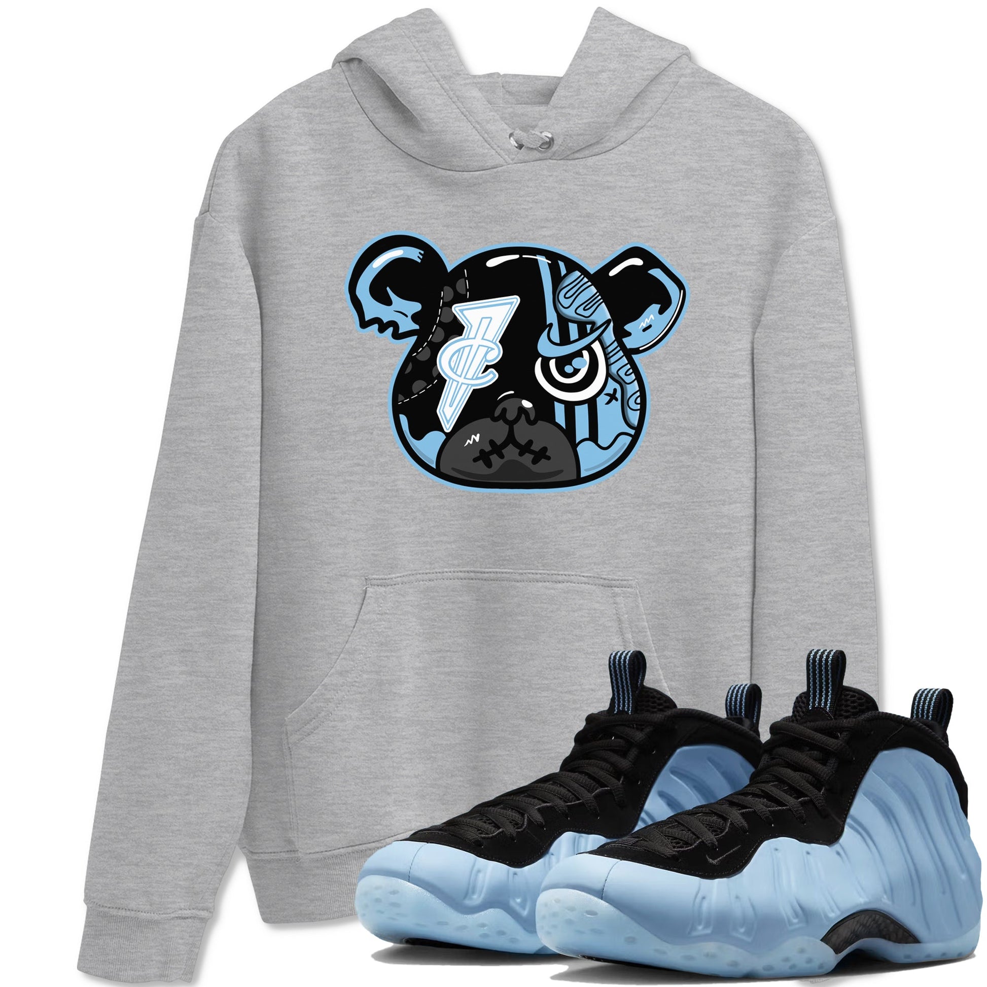 Sneaker Bear Face sneaker match t-shirt styled to complete your fit with the Air Foamposite One Psychic Blue sneakers, shown in Heather Grey 1.