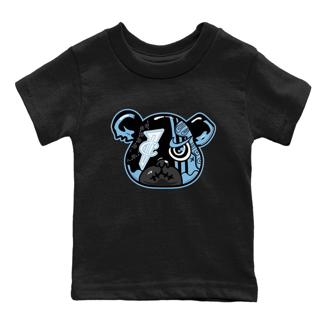 Sneaker Bear Face baby and kids t-shirt crafted for little sneakerheads to shine with the Air Foamposite One Psychic Blue sneakers, displayed in Black 2.
