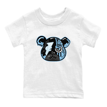 Sneaker Bear Face baby and kids t-shirt crafted for little sneakerheads to shine with the Air Foamposite One Psychic Blue sneakers, displayed in White 2.