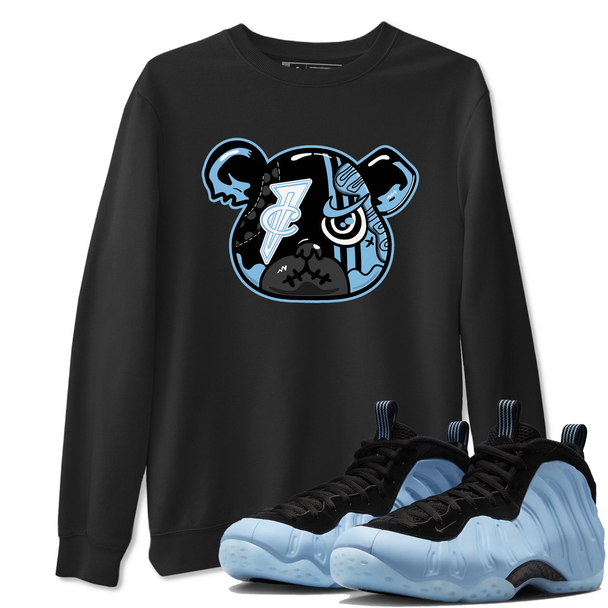 Sneaker Bear Face sneaker match t-shirt styled to complete your fit with the Air Foamposite One Psychic Blue sneakers, shown in Black 1.