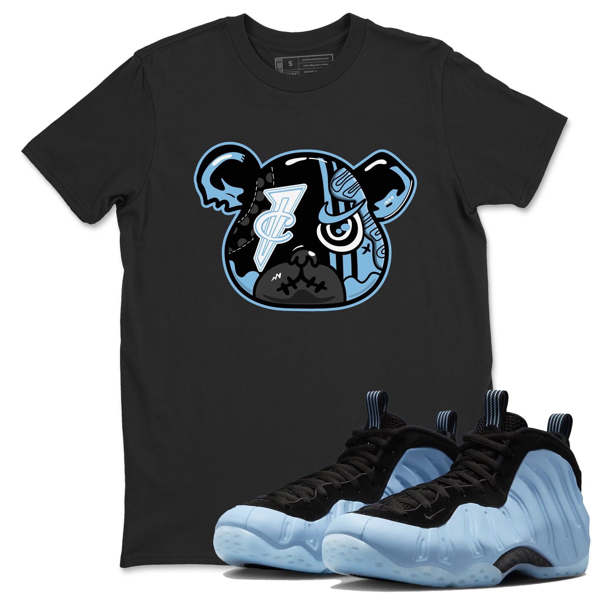 Sneaker Bear Face sneaker match t-shirt styled to complete your fit with the Air Foamposite One Psychic Blue sneakers, shown in Black 1.