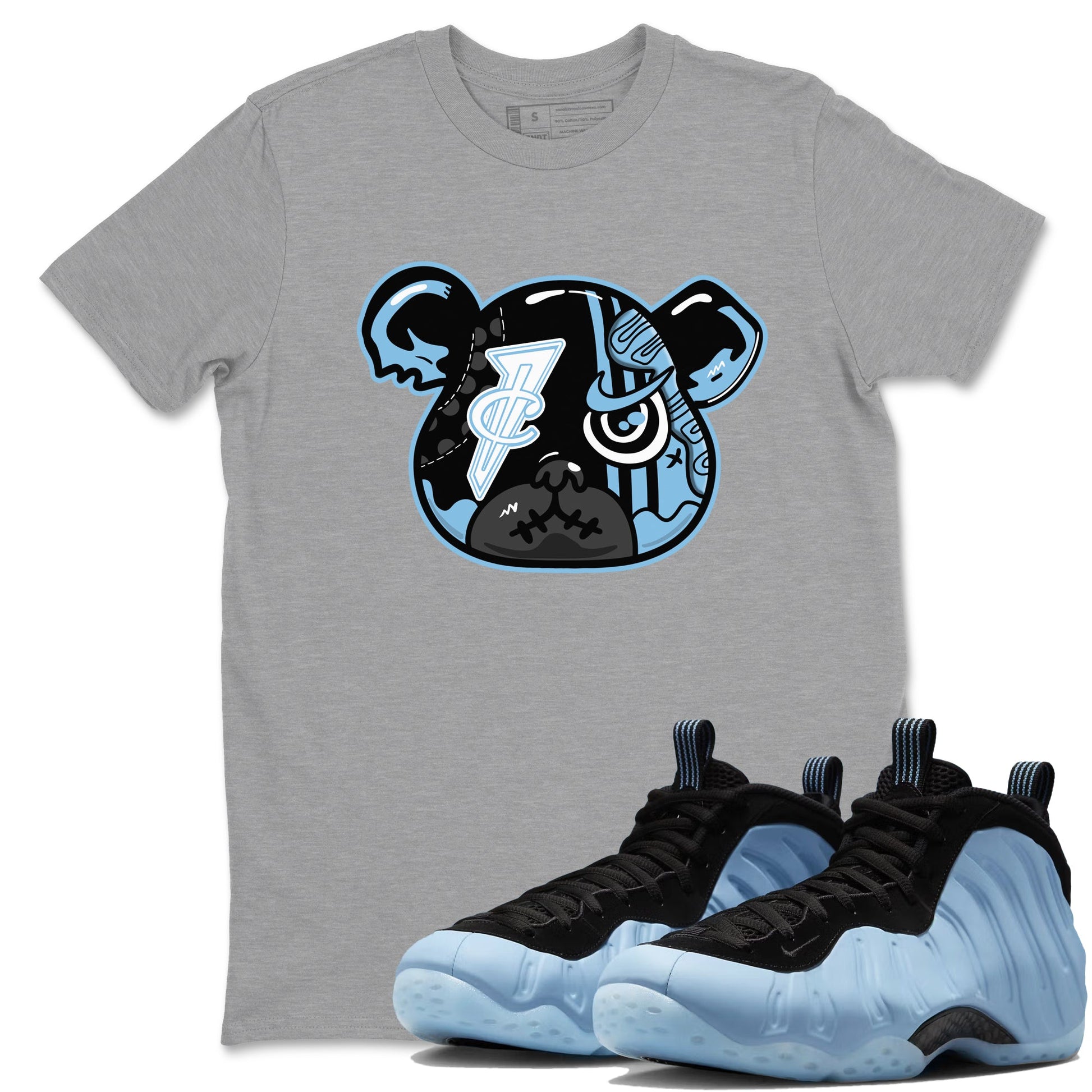 Sneaker Bear Face sneaker match t-shirt styled to complete your fit with the Air Foamposite One Psychic Blue sneakers, shown in Heather Grey 1.
