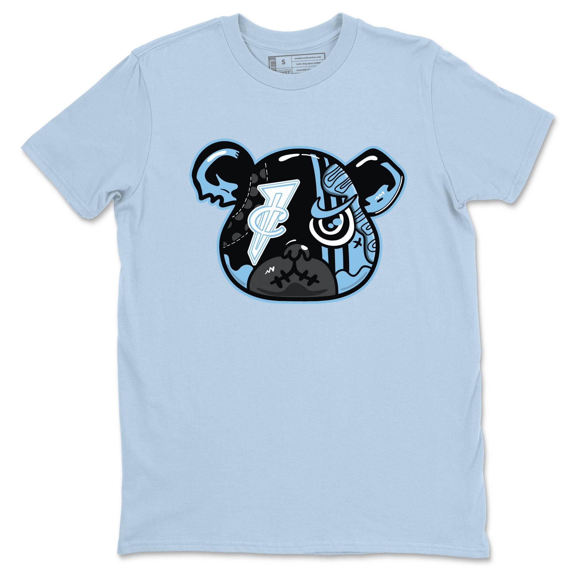 Sneaker Bear Face sneaker match t-shirt styled to complete your fit with the Air Foamposite One Psychic Blue sneakers, shown in Light Blue 2.