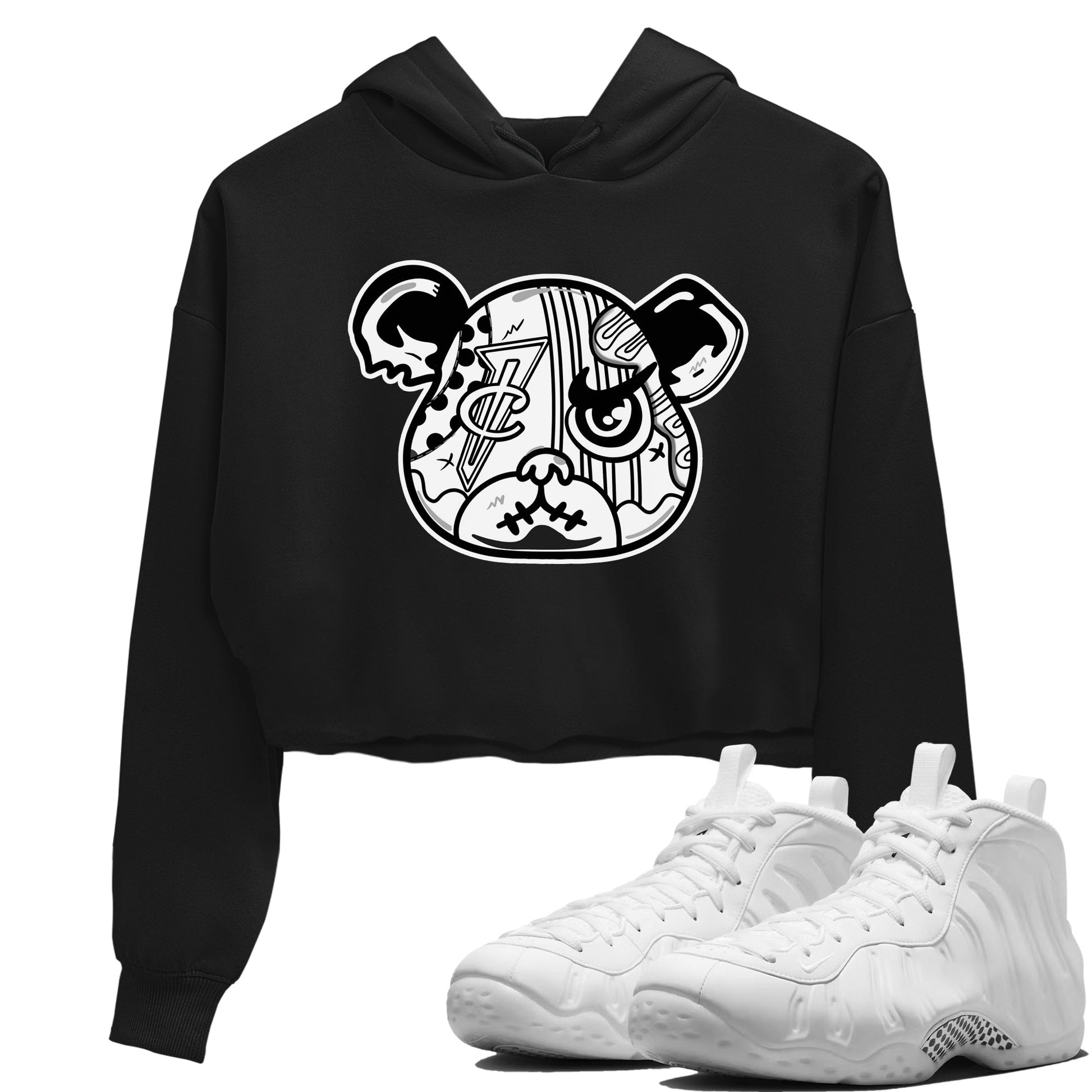 Sneaker Bear Face womens crop tee made to vibe with the Air Foamposite One Triple White sneakers — the perfect match in Black 1.