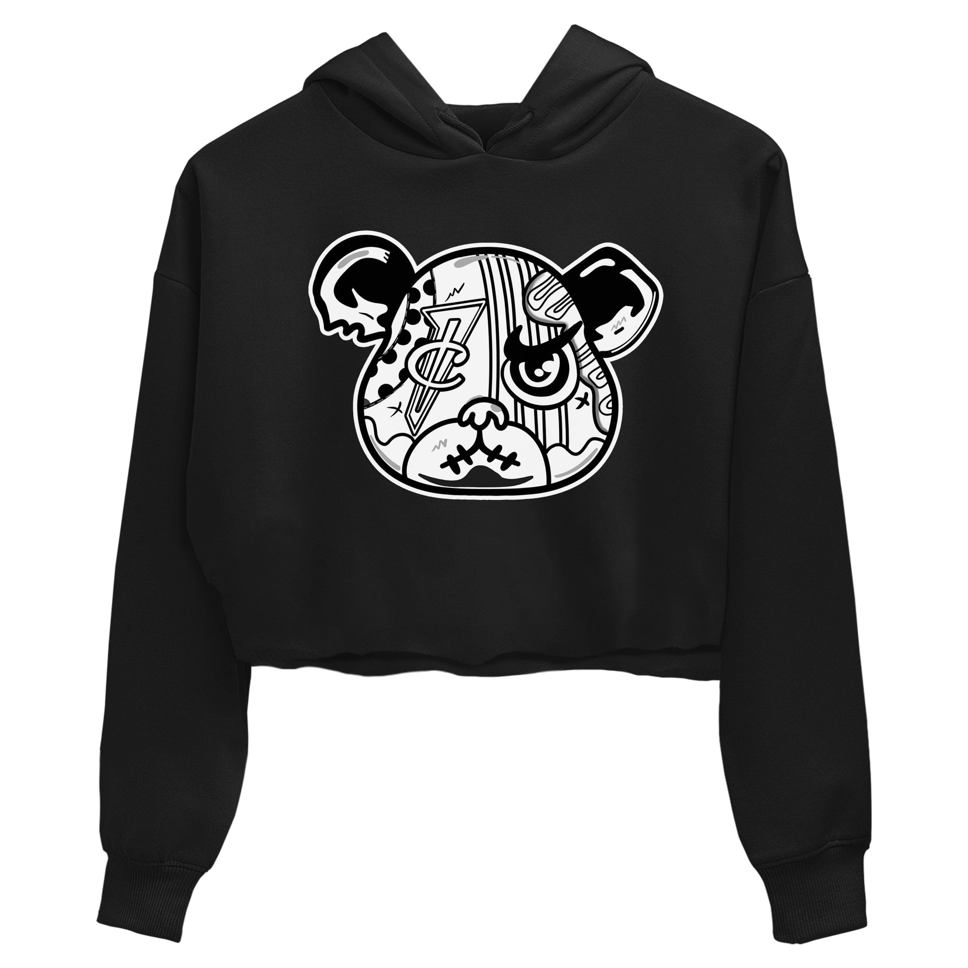 Sneaker Bear Face womens crop tee made to vibe with the Air Foamposite One Triple White sneakers — the perfect match in Black 2.