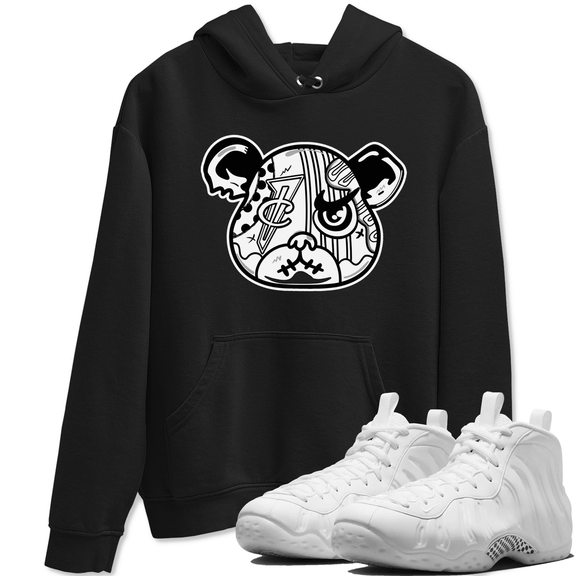 Sneaker Bear Face sneaker match t-shirt styled to complete your fit with the Air Foamposite One Triple White sneakers, shown in Black 1.