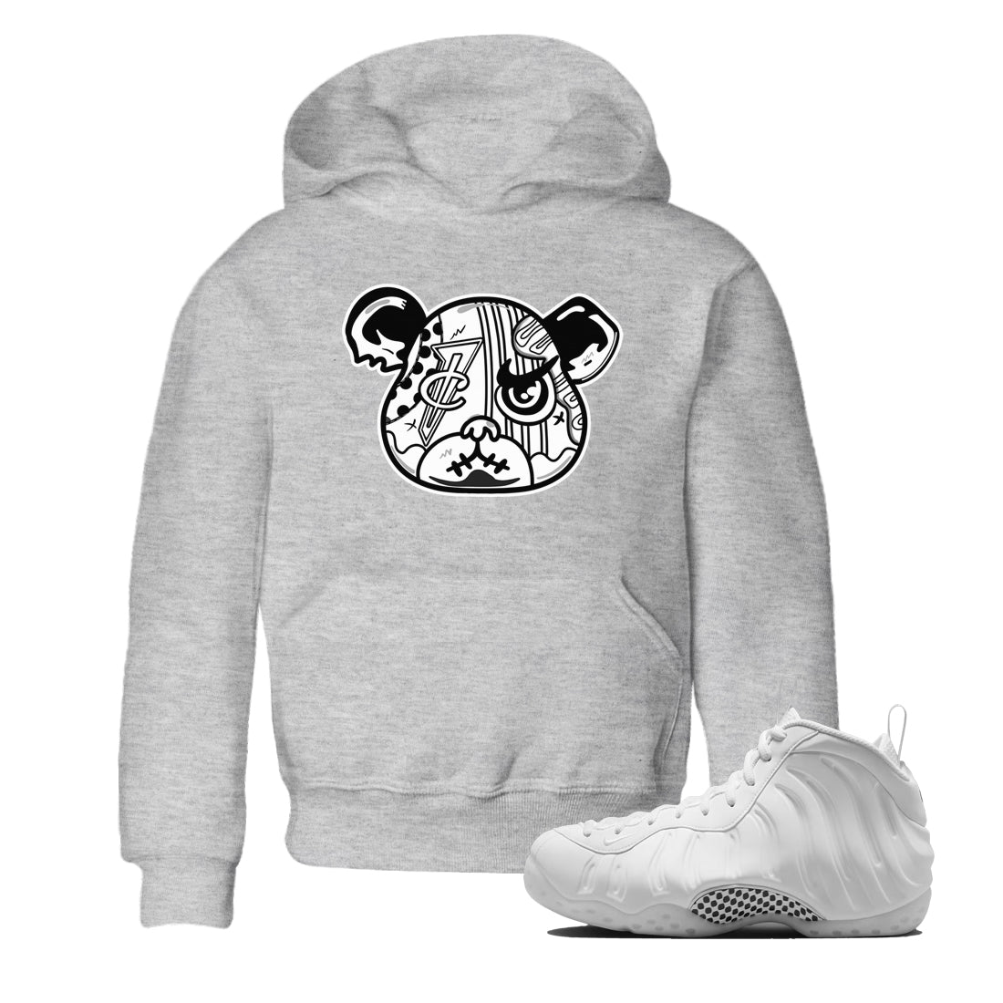 Sneaker Bear Face baby and kids t-shirt crafted for little sneakerheads to shine with the Air Foamposite One Triple White sneakers, displayed in Heather Grey 1.