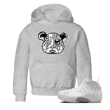 Sneaker Bear Face baby and kids t-shirt crafted for little sneakerheads to shine with the Air Foamposite One Triple White sneakers, displayed in Heather Grey 1.
