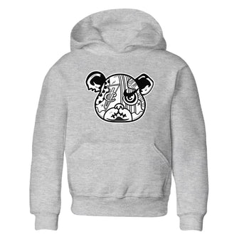 Sneaker Bear Face baby and kids t-shirt crafted for little sneakerheads to shine with the Air Foamposite One Triple White sneakers, displayed in Heather Grey 2.