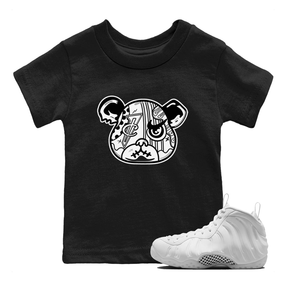 Sneaker Bear Face baby and kids t-shirt crafted for little sneakerheads to shine with the Air Foamposite One Triple White sneakers, displayed in Black 1.