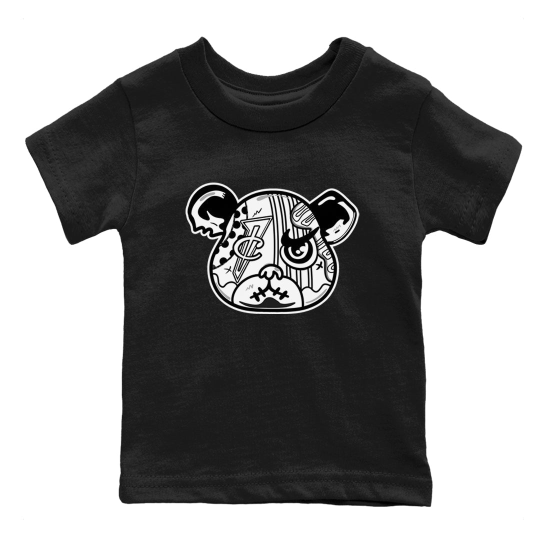 Sneaker Bear Face baby and kids t-shirt crafted for little sneakerheads to shine with the Air Foamposite One Triple White sneakers, displayed in Black 2.
