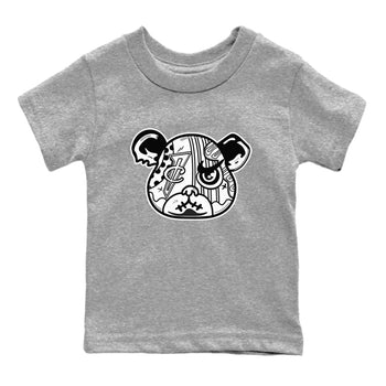 Sneaker Bear Face baby and kids t-shirt crafted for little sneakerheads to shine with the Air Foamposite One Triple White sneakers, displayed in Heather Grey 2.