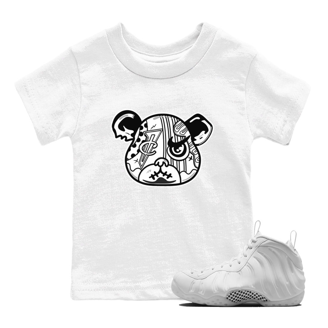 Sneaker Bear Face baby and kids t-shirt crafted for little sneakerheads to shine with the Air Foamposite One Triple White sneakers, displayed in White 1.