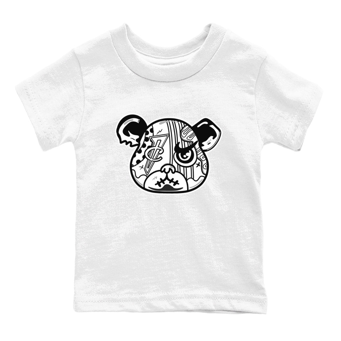 Sneaker Bear Face baby and kids t-shirt crafted for little sneakerheads to shine with the Air Foamposite One Triple White sneakers, displayed in White 2.