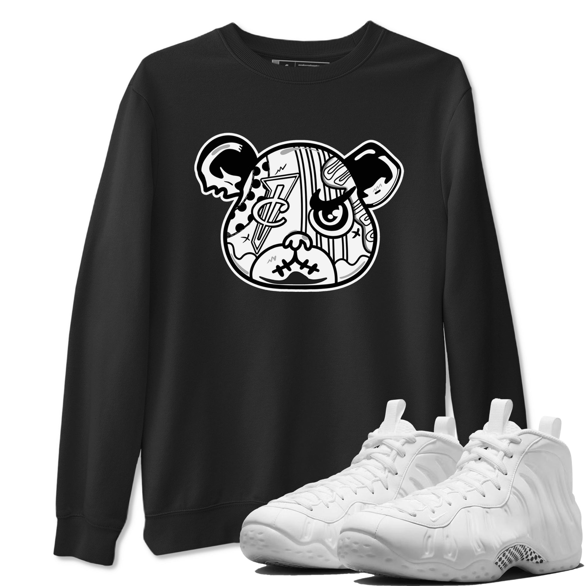 Sneaker Bear Face sneaker match t-shirt styled to complete your fit with the Air Foamposite One Triple White sneakers, shown in Black 1.
